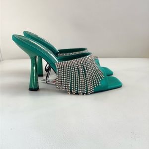 Zara Green Crystals Heel Slip On Mules Sandals 7.5